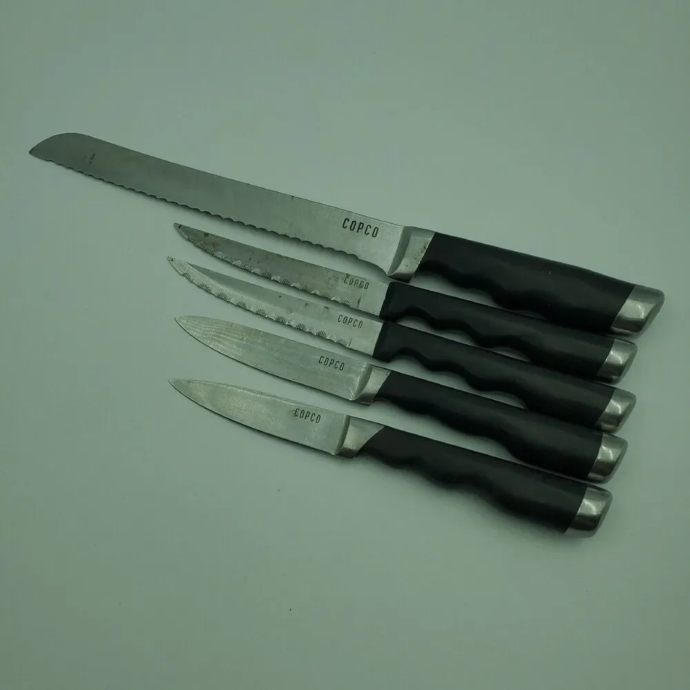 Set of 5 Copco Chefs Knives Bread, Steak x2, Utility x2 READ. Small Rust Spots